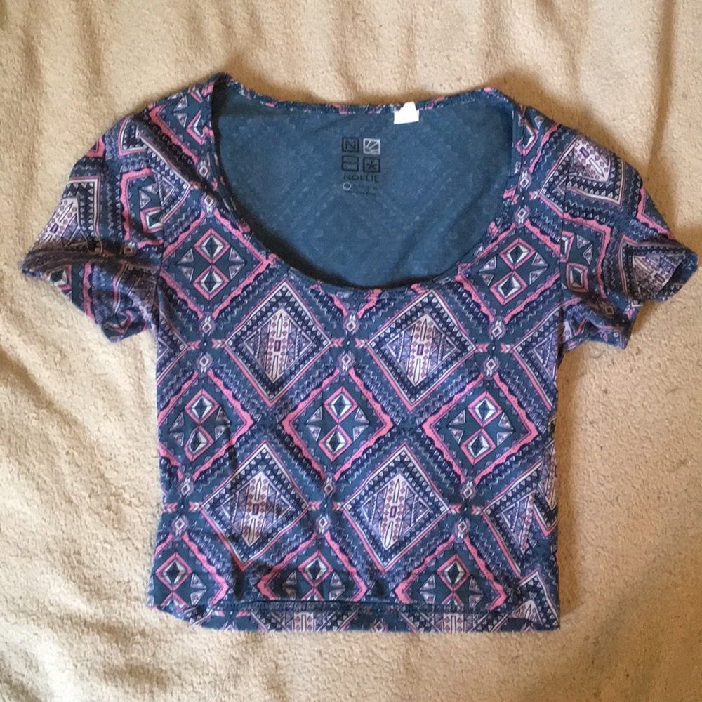 Pink and blue print crop top T